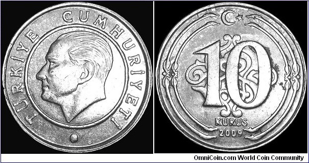 Turkey - 10 Kurus - 2009 - Weight 3,15 gr - Copper-Nickel - Size 18,5 mm - Thickness 1,65 mm - Alignment Medal (0°) - Mint Istanbul. Turkey - Edge : Smooth - Reference KM# 1241 (2009-2011)