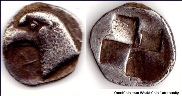 beautiful small silver hemi-obol from the city state of Kyme, Aeolis minted circa 480 -450 bc. Obverse has Eagle head with KYM below beak. Obverse quadripartite square, windmill style.