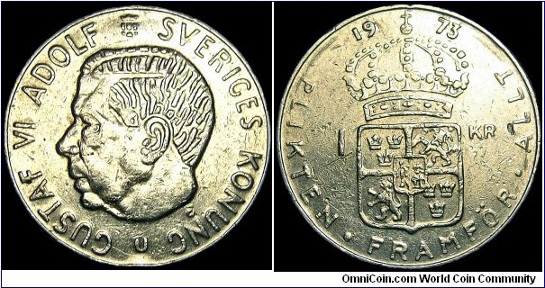 Sweden - 1 Krona - 1973 - Weight 7,0 gr - Copper-Nickel - Size 25 mm - Thickness 1,84 mm - Alignment Medal (0°) - Ruler / Gustaf VI Adolf (1950-73) - Engraver / Léo Holmgren - Mint Eskilstuna. Sweden - Edge : Reeded - Mintage 142 000 000 - Reference KM# 826a (1968-73)