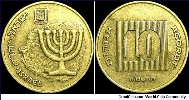 Israel - 10 Agorot - 5745 / 1985 - Weight 4,02 gr - Aluminium-Bronze - Size 21,97 mm - Thickness 1,61 mm - Alignment Medal (0°) - Engraver Reverse / G. Neumann - Edge : Smooth - Mintage 45 000 000 - Reference KM# 158 (1985-2011)