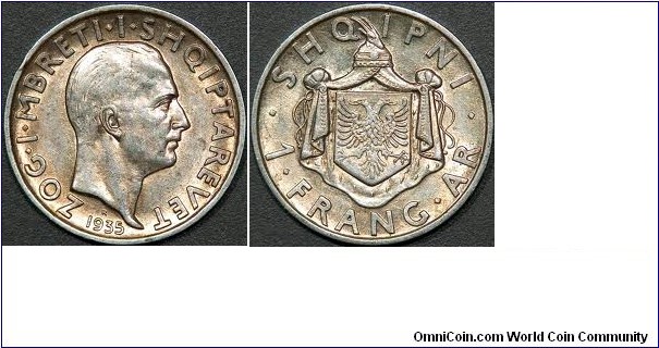 1 frang Ar, Silver, Ahmet Zog albanians king