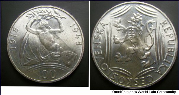 Czechoslovkia 1948 100 korun. Nice coin and condition. Weight: 14.00g. 