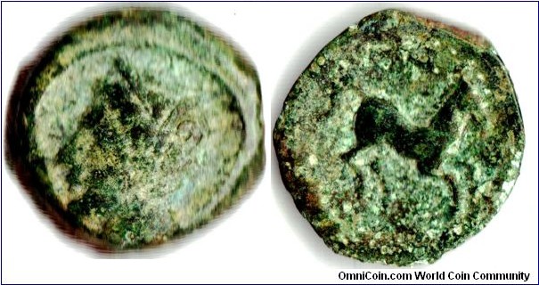 Carthage bronze circa 450 bc. Obverse: bust of Tanit. Reverse: horse. Condition is much better than scan portrays.