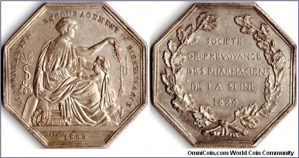 silver jeton de presence issued for the Societe Prevoyance des Pharmaciens de la Seine' , a mutual society set up in 1828 to provide assurance services specific to Pharmacologists and their families.