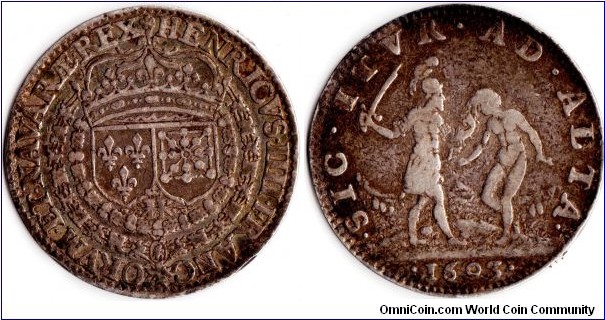 scarcer silver jeton minted in 1603 during the reign on Henri IV for issue to members of the court administrations and in recognition of the military successes of Charles Duc de Lorraine who is depicted reverse with a naked female captive.