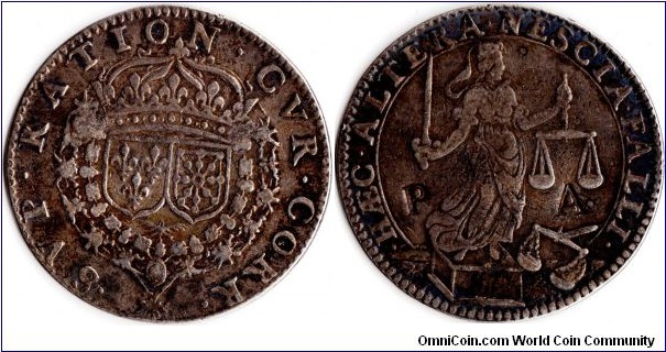 rare silver jeton struck during the reign of Henri IV for the Maitres des Requetes et Correcteurs des Comptes ( Account Controllers and Auditors). This example has PA counterstamp on it either side of Justice. I have no ideaoever as to the significance attached to these letters.