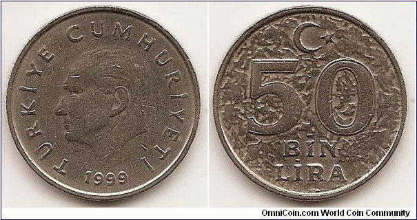 50000 Lira (50 Bin Lira)
KM#1056
11.6000 g., Copper-Nickel-Zinc, 28 mm. Obv: Head of Atatürk left Rev: Value