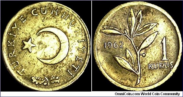 Turkey - 1 Kurus - 1962 - Weight 1,0 gr - Brass - Size 14 mm - Alignment Coin (180°) - Edge : Smooth - Mintage 3 620 000 - Reference KM# 895 (1961-63)