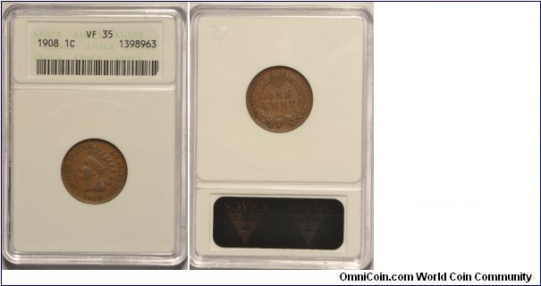 1908 Indian Head Cent VF35 ANACS