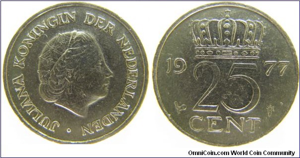 Doubled Die Obverse 1977 Netherlands 25 Cent Nickel,(Weight_3g,Diameter_19mm,Thickness_1.61mm).  JULIANA KONINGIN is nice and clear DD, some letters in Der Nederlanden are DD)