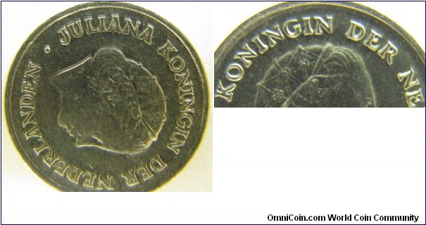 Doubled Die Obverse 1978 Netherlands 10 Cent Nickel,(Weight_1.5g,Diameter_14.9mm,Thickness_1.21mm).  All JULIANA KONINGIN  DER NEDERLANDEN beautiful nice and clear DD)