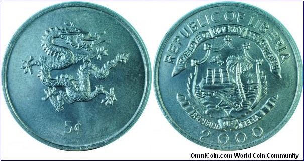 LIberia5Cents-Year of Dragon-km474-2000