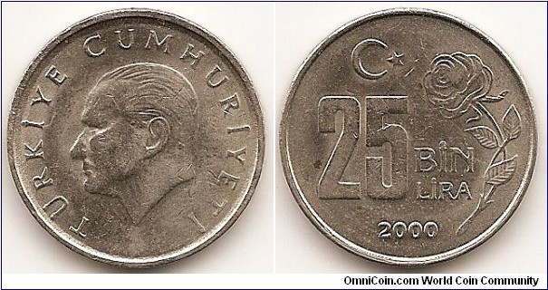 25000 Lira (25 Bin Lira)
KM#1041
Copper-Nickel-Zinc, 26.5 mm. Obv: Head of Atatürk left Rev: Value to left of rose Edge: Lettered TC and flower five times