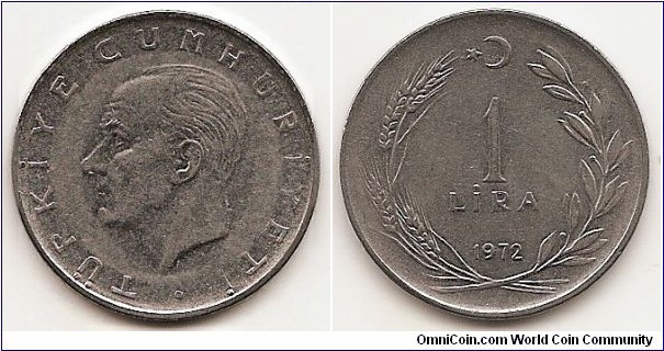 1 Lira
KM#889a.2
7.0000 g., Stainless Steel, 27 mm. Obv: Head of Kemal Atatürk left Rev: Value and date within wreath Note: Reduced weight