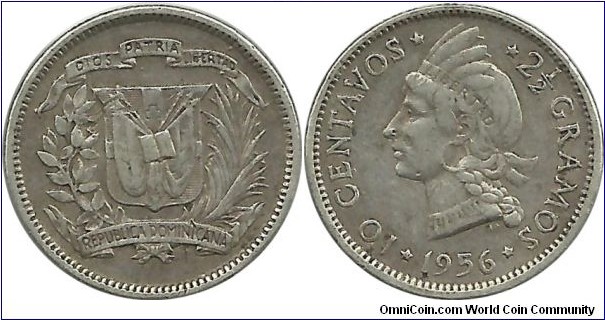 Dominican Republic 10 Centavos 1956-Ag