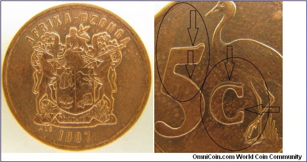 South Africa 5 Cent Doubled Die Reverse, 1997(5 and C are clear DD)
