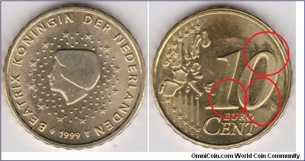 1999 Netherlands Doubled Die Reverse 10 Euro Cent Clear on_ 10 