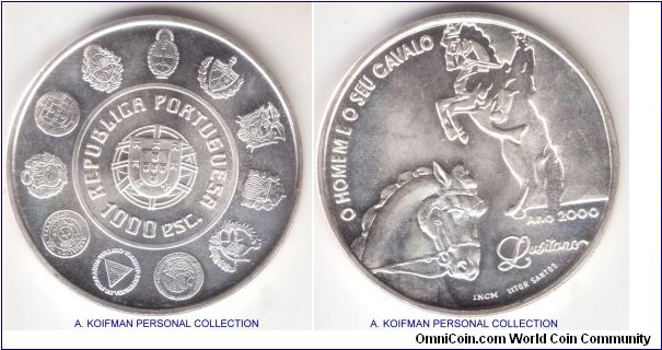 KM-727, 2000 Portugal 1000 escudos; silver, reeded edge; uncirculated nice bright specimen, Ibero-America