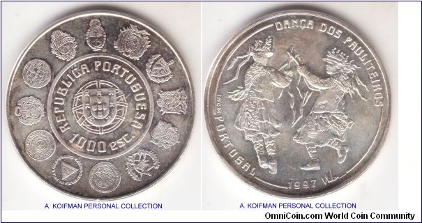 KM-704, 1997 Portugal 1000 escudos; silver, reeded edge; Pauliteiros dancers on reverse, Iberic shields on obverse