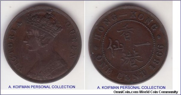 KM-4.1, 1866 Hong Kong cent; bronze, plain edge; dark extra fine