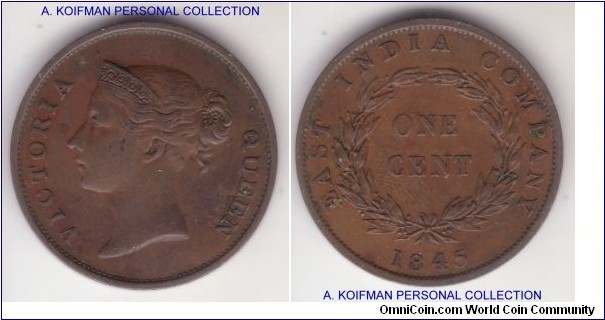 KM-3, 1845 East India Company cent; copper, plain edge; good very fine to extra fine