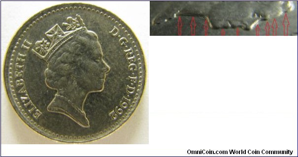 1992 Queen Elizabeth II 5P Mint Error, Obverse, head struck over another head(layer) . Reverse, right and left the thistle struck over another layer 