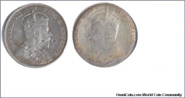 Brockage. Straits Settlements, 10 cents. Damaged.