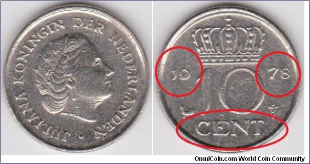 1978 Netherlands Doubled Die Reverse 10 Cent, 19 78 and CENT are clear Doubled Die