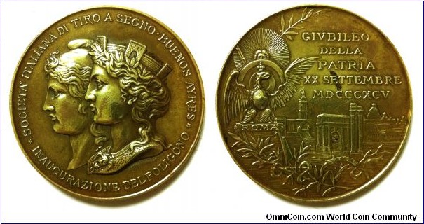 1895 Societa Italiana di Tiro a Segno Buenos Ayres poligono Johnson Milano Madel. Gold plated Bronze 50MM.
