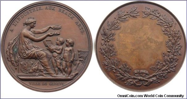 1900 o.j. Swiss Eidgenossenscharft A. L'Industrie, Aux Braux Arts Medal by A. Bovy. Bronze 45.8MM/47.8 gm.
