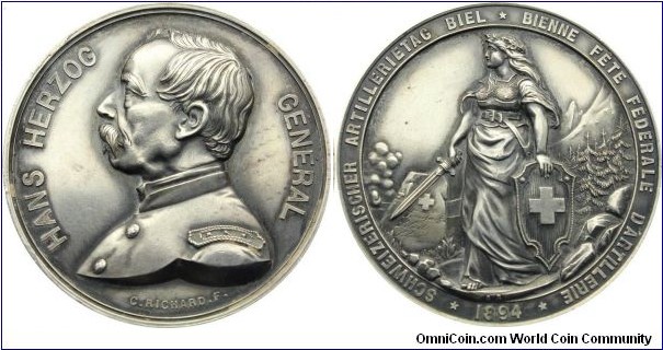 1894 Swiss Bern General Hans Herzog Medal by Charles Jean Richard/Louis Furet. Silver palted Bronze 51MM./77.64 gm.
