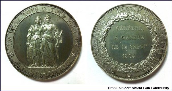 1864 Geneve 50th Anniversaire de La Geneve a La Suisse Medal by Bovy. Silver plated Bronze 47MM.
