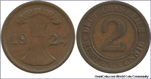 DeutschesReich 2 Rentenpfennig 1924A