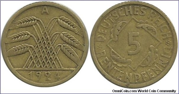 DeutschesReich 5 Rentenpfennig 1924A