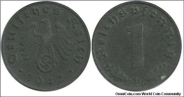 DeutschesReich 1 Reichspfennig 1942B - Mintmark 