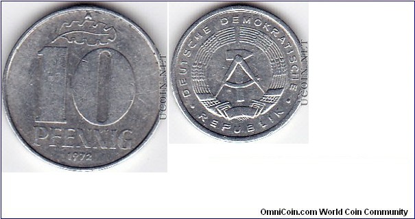 10 Pfenning 1972,Aluminium,East Germany mint.Berlin 5.700.000
