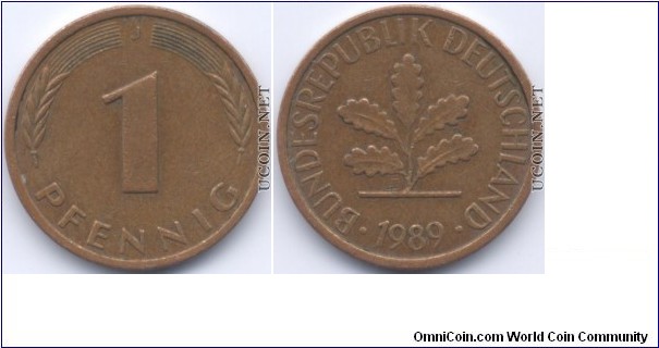 1 Pfenning 1989,Copper plated steel,West Germany mint.Hamburg 106.800.000