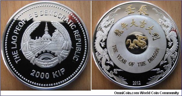 2000 Kip - Year of the Dragon - 62.2 g Ag .999 Proof (partially gold plated with Jade) - mintage 2,888