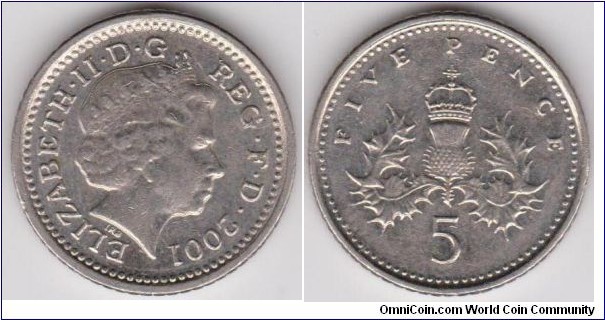 Five Pence UK 2001 Doubled Struck mint Error (obverse- clear Head struck twice )  