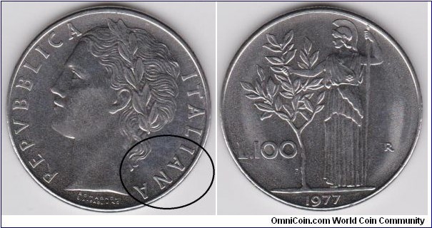 100 Lire Italy Mint Error 1977 ( IANA ) 