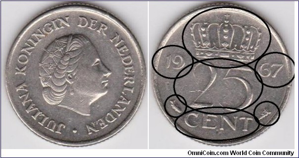 25 Cent 1967 Netherlands Doubled Die Reverse ( Crown, 1967, 25 and Cent are DD )