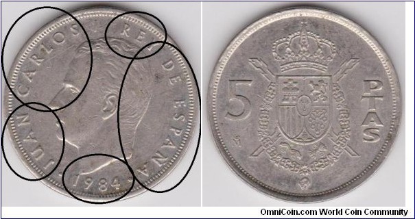 5 Pesetas Spain 1984 DDO Obverse ( JUAN CARLOS I REY DE ESPAÑA 1984 is beautiful clear Doubled Die