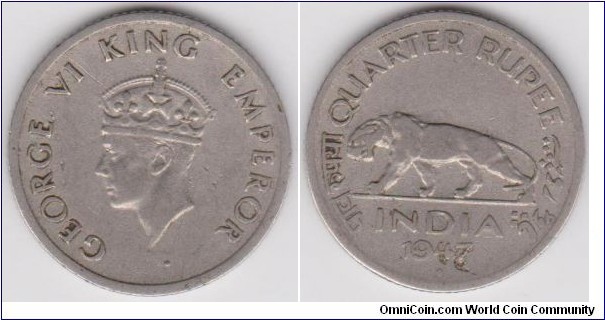 1947 British India one Quarter Rupee