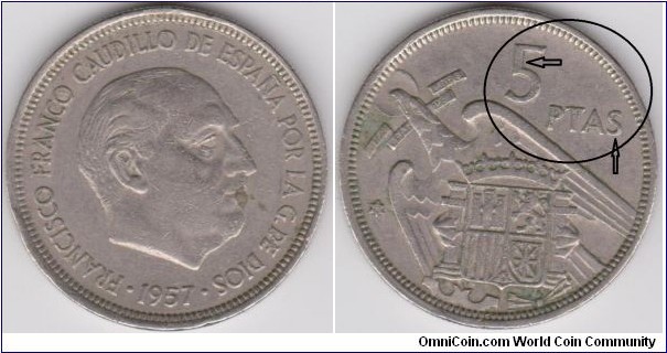 5 Pesetas Franco 1957 DD Reverse ( 5 and PTAS DD )