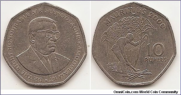 10 Rupees
KM#61
10.1000 g., Copper-Nickel, 28 mm. Obv: Sugar cane harvesting Rev: Bust of Sir Seewoosagur Ramgoolam 3/4 right Shape: 7-sided