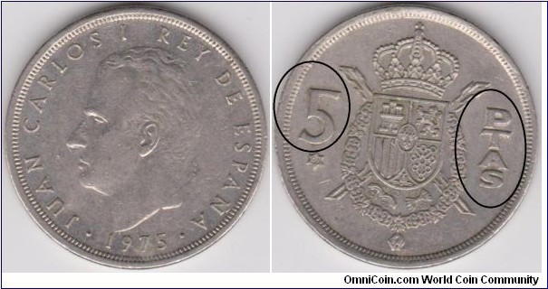 5 Pesetas Spain 1975 Doubled Struck ( 5 PTAS ) 