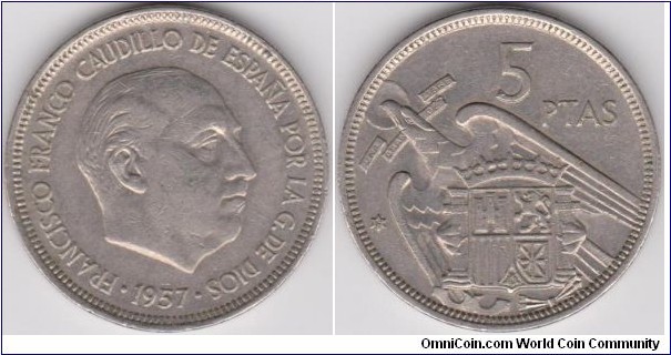 5 Pesetas Spain 1957 Doubled Die Obverse (FRANCISCO FRANCO CAUDILLO DE DE ESPAÑA)