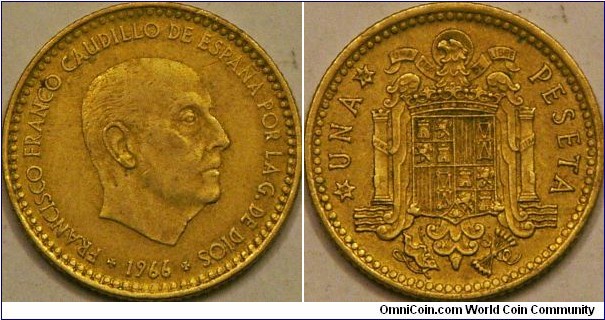 1 Peseta, Francisco Franco, 2nd portrait. 1966-75 21mm, Al-Bronze 