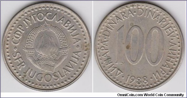 100 Dinara Yugoslavia 1988 