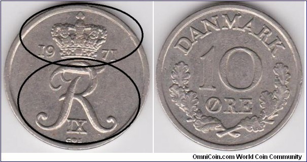 10 Öre Mint Error Doubled Die Obverse Denmark 1971 